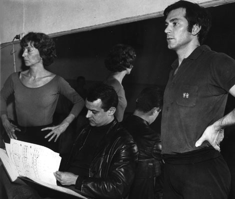 Vjera Markovic, Boris Pilato i Alfredo Kollner na probi predstave Grand Hotel, HNK u Zagrebu 1967,