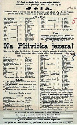 Programska cedulja izvedbi baleta Jela i Na Plitvička jezera u Hrvatskom zemaljskom kazalištu 28. travnja 1898., © Hrvatska akademija znanosti i umjetnosti, DiZbi.HAZU, 2017.