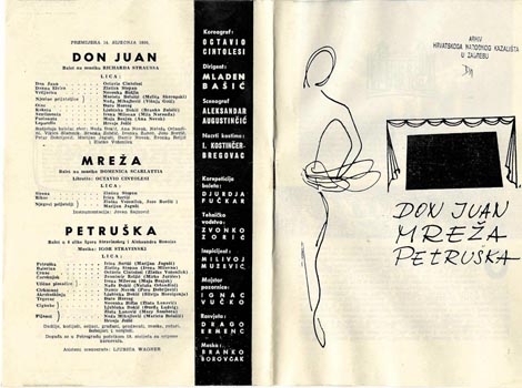 Programska cedulja izvedbe baleta Don Juan, Mreža i Petruška, Hrvatsko narodno kazalište u Zagrebu, 1956.
